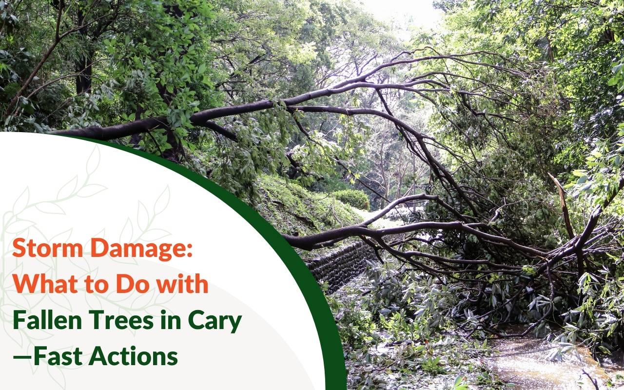 Fallen tree cleanup after storm damage in Cary neighborhood