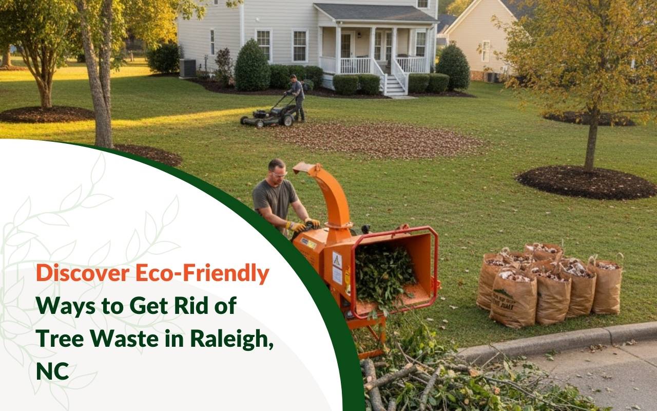 Homeowner using Eco-Friendly Ways to Dispose of Tree Waste in Raleigh, NC by spreading wood chips around a backyard garden.