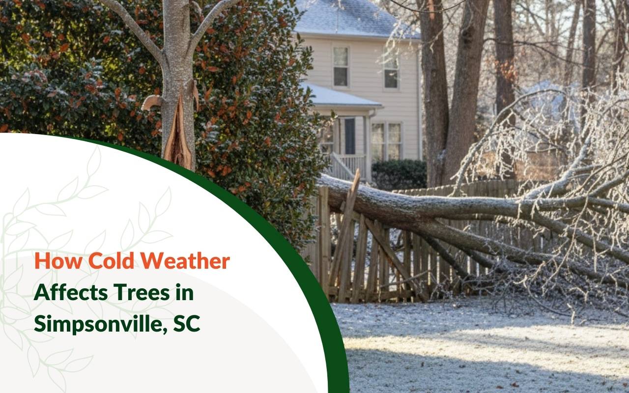 Backyard example of How Cold Weather Affects Trees in Simpsonville, SC with light frost on tree branches.