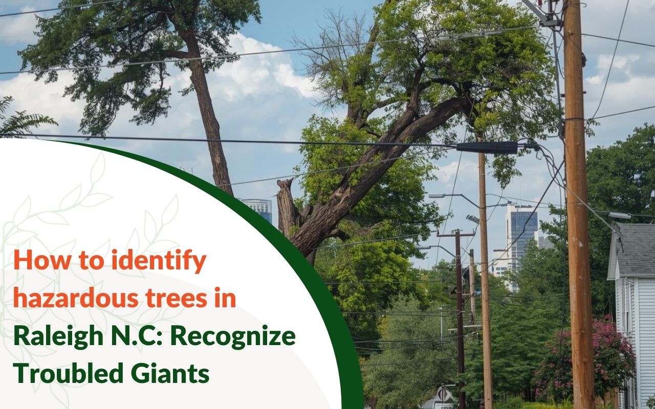 Front yard inspection showing how to identify hazardous trees in Raleigh N.C by spotting fungi and cracks.