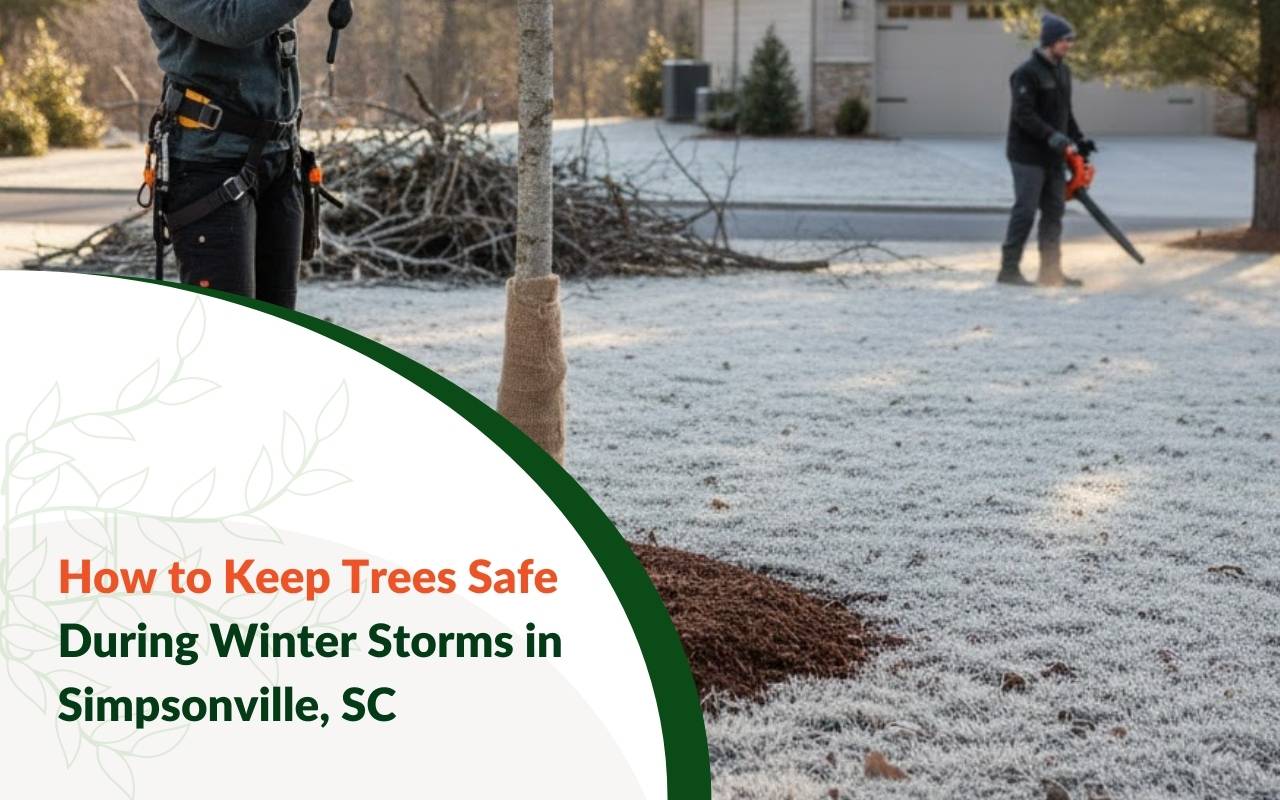 Homeowner learning how to keep trees safe during winter storms in Simpsonville, SC in a residential yard.