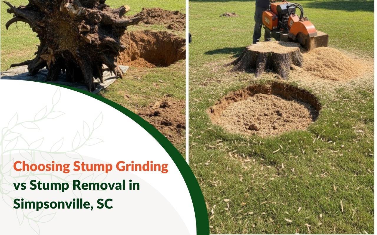 Comparison of Stump Grinding vs Stump Removal in Simpsonville, SC in a residential backyard