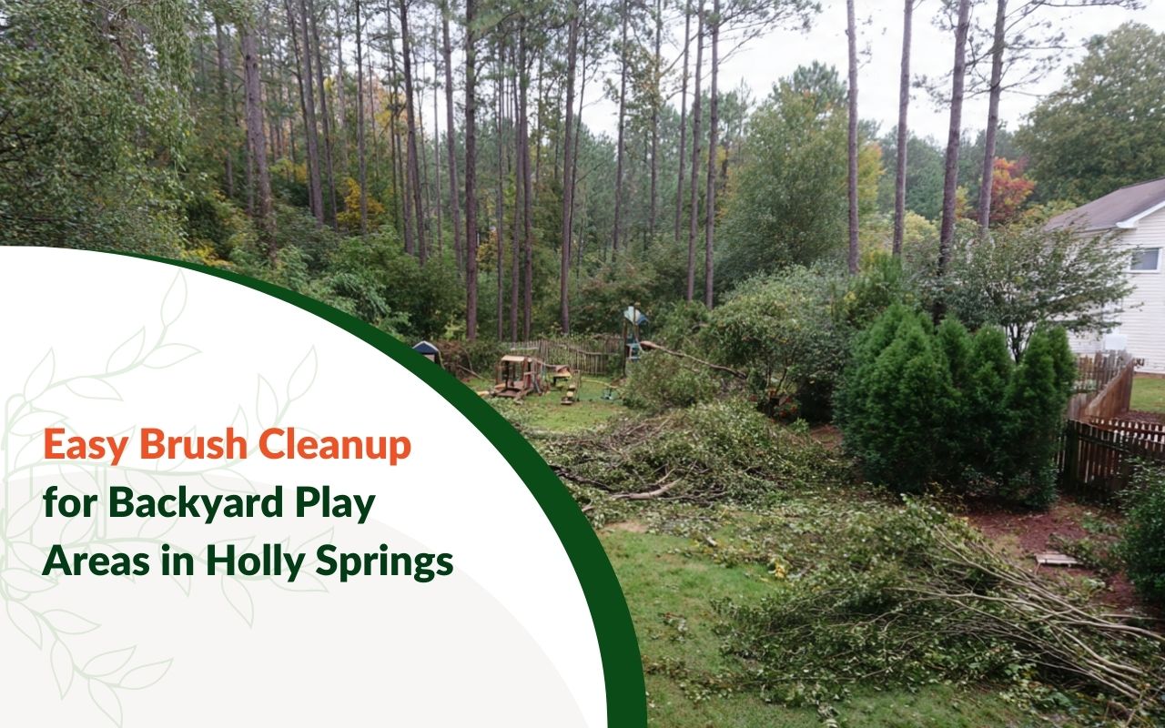 Brush Removal for Backyard Play Areas in Holly Springs, NC clearing dense brush near a family play zone