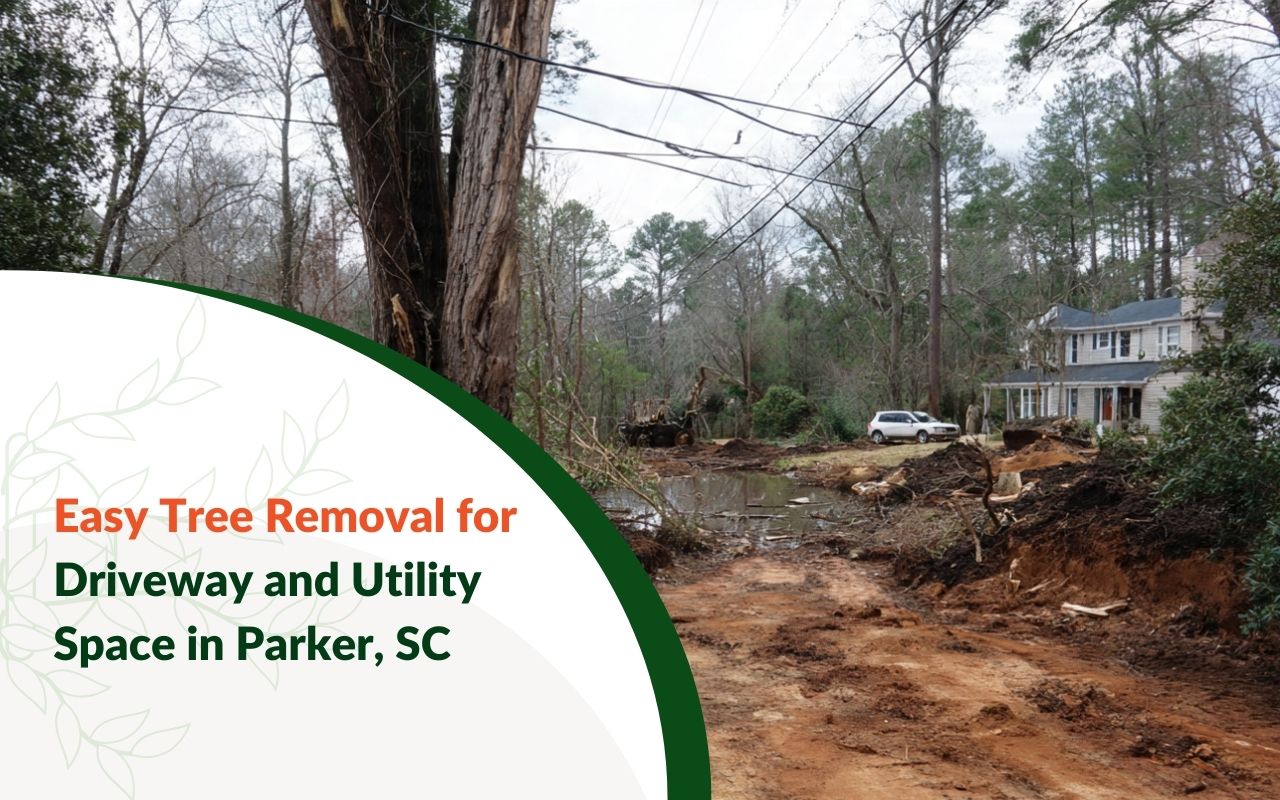Tree Removal for Driveway & Utility Clearance in Parker, SC beside a driveway near overhead utility lines