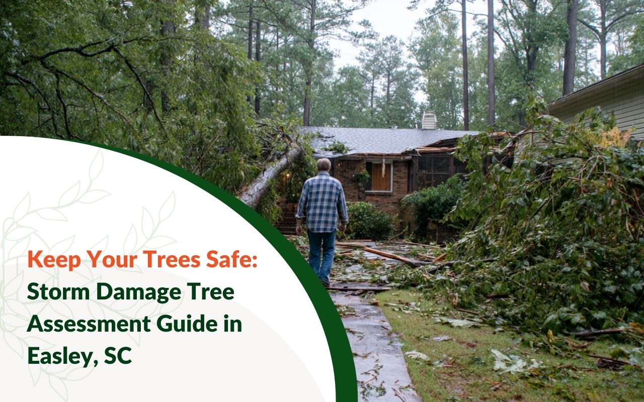 Quick hazard checks after storms showing a hanging limb and warning tape near a driveway in Easley, SC