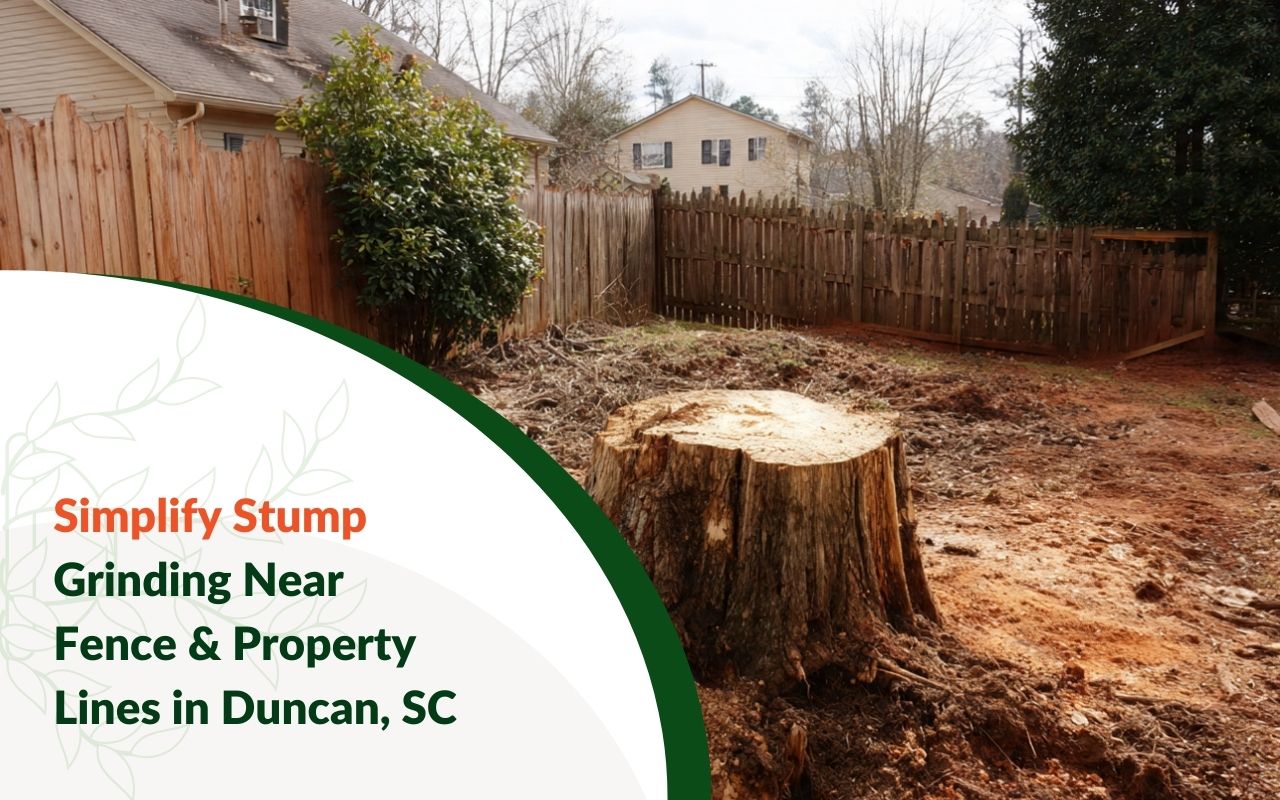 Stump Grinding Around Fence & Property Lines in Duncan, SC near a residential fence