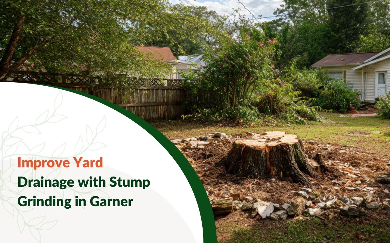 Stump Grinding for Drainage Improvement in Garner, NC in a backyard