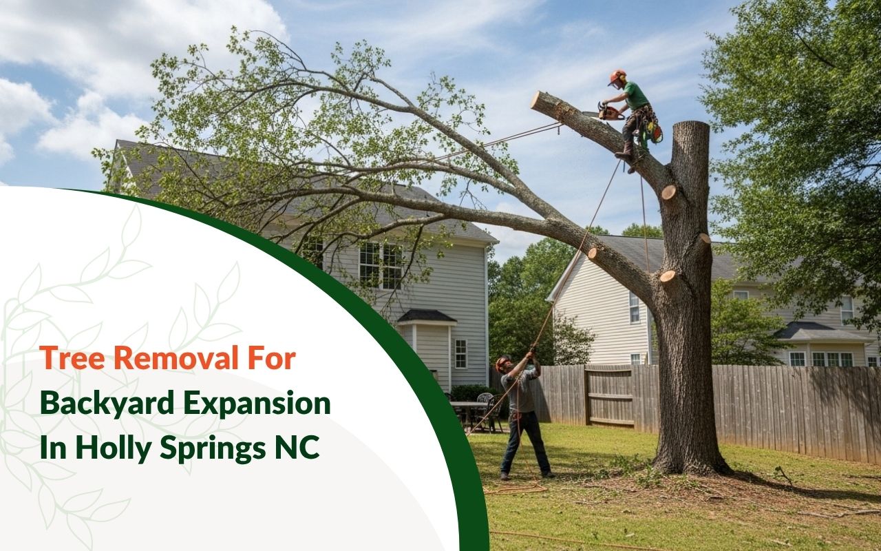 Tree Removal for Backyard Expansion in Holly Springs NC near a patio area