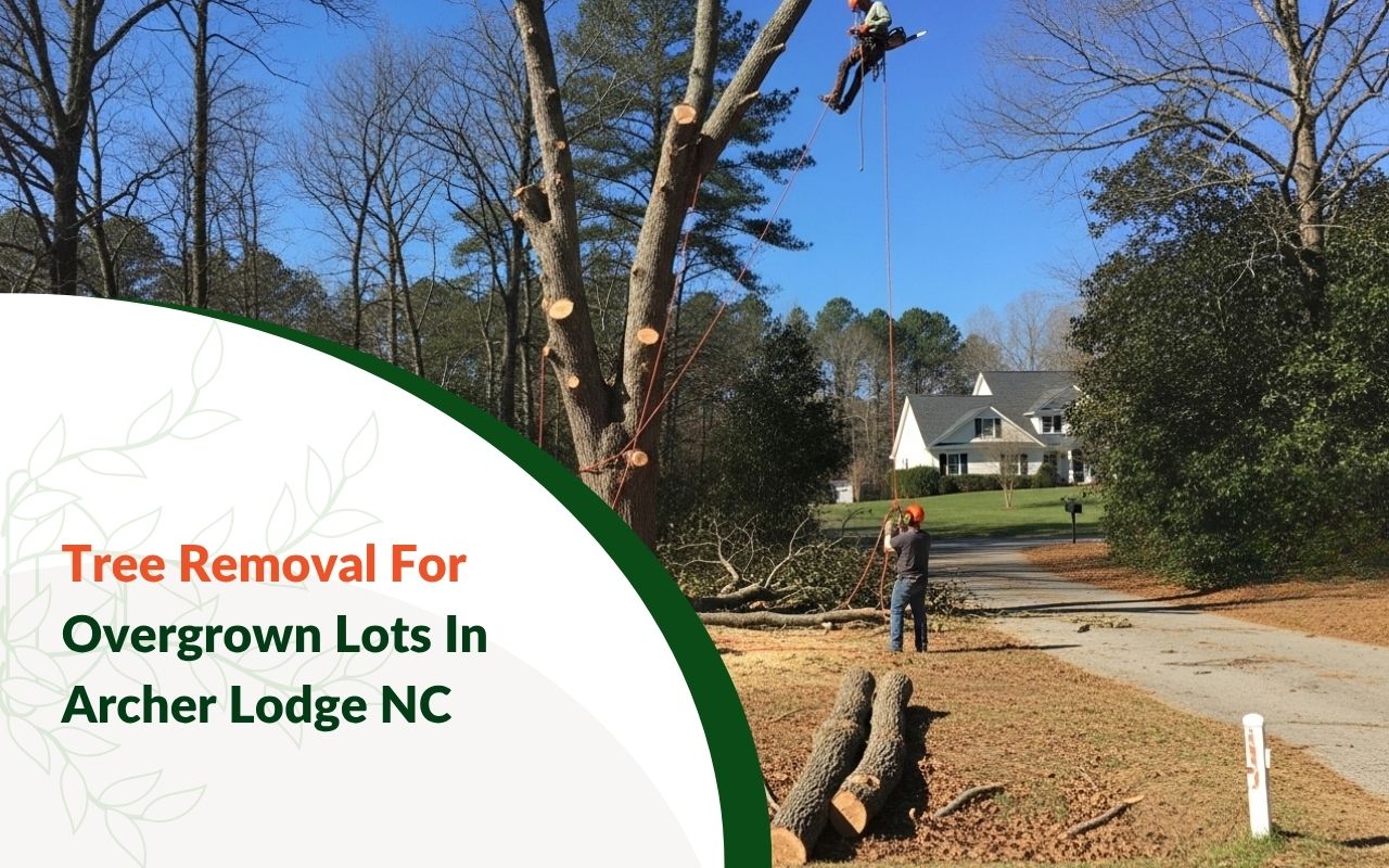 Crew clearing trees and brush from an overgrown lot in Archer Lodge NC