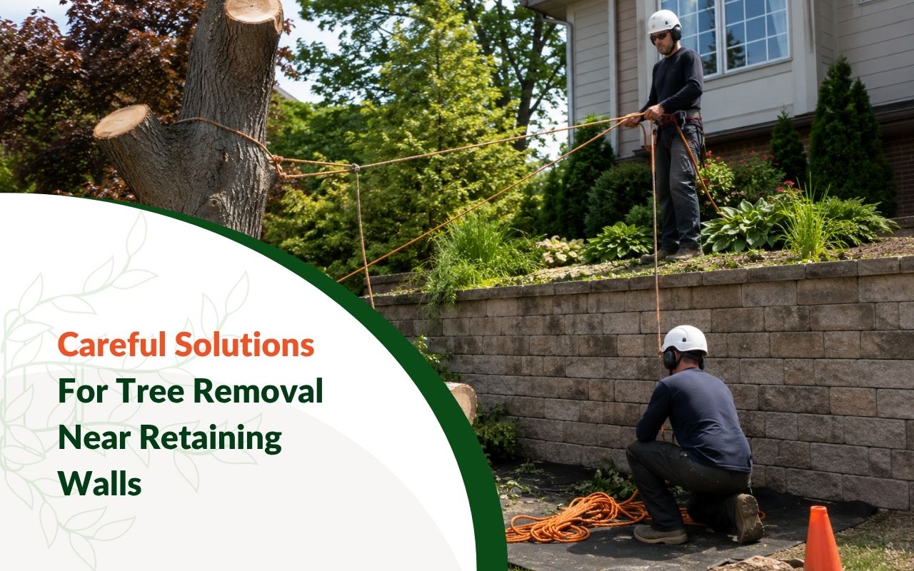 Tree Removal Near Retaining Walls handled carefully beside a landscaped yard