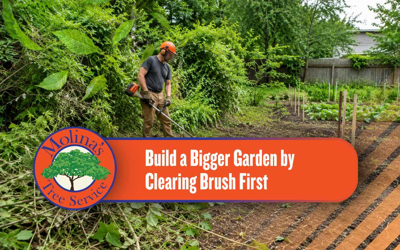 Brush removal for garden expansion in an overgrown backyard