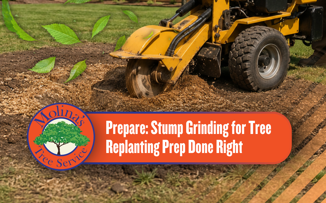 Stump grinding for tree replanting prep in a cleared yard