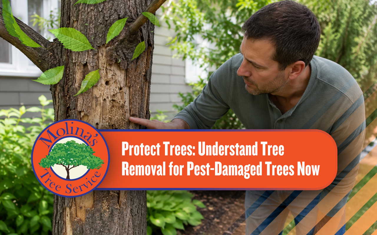 Homeowner inspecting a tree with visible pest damage
