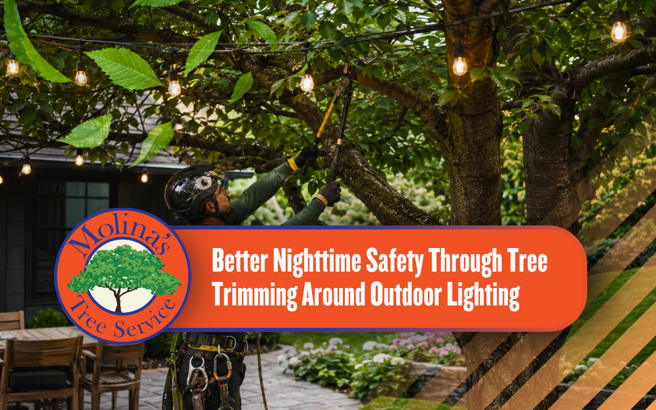 Professional tree trimming around outdoor lighting in a residential yard