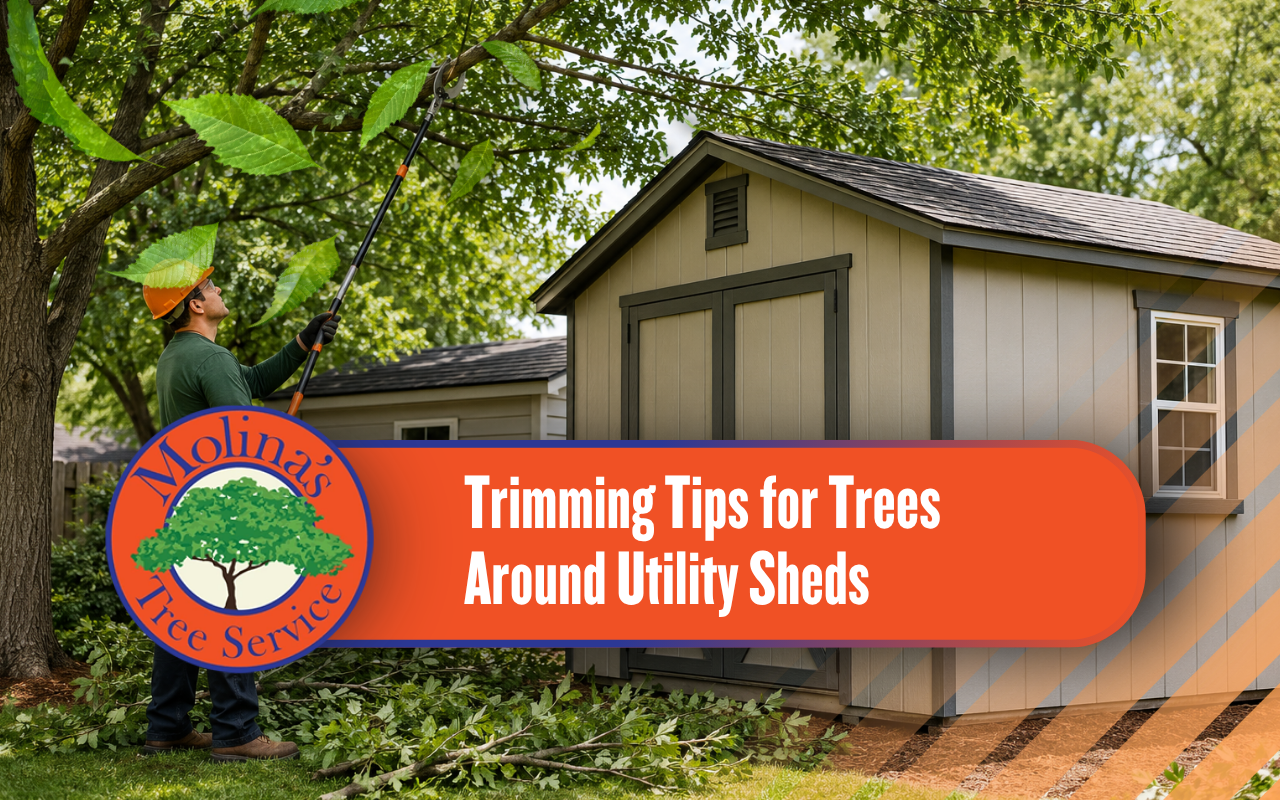 Tree trimming around utility sheds to protect the roof and siding