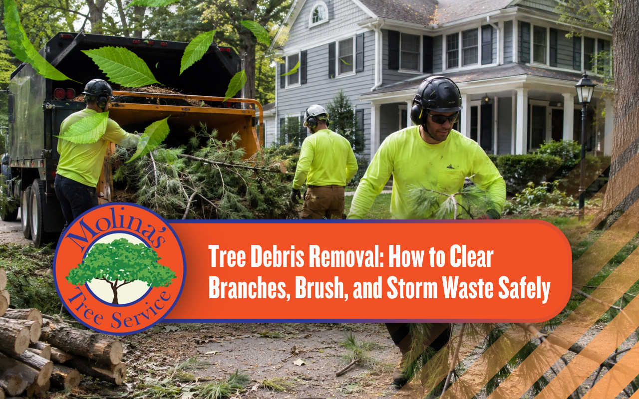Crew removing branches and tree debris from a residential yard