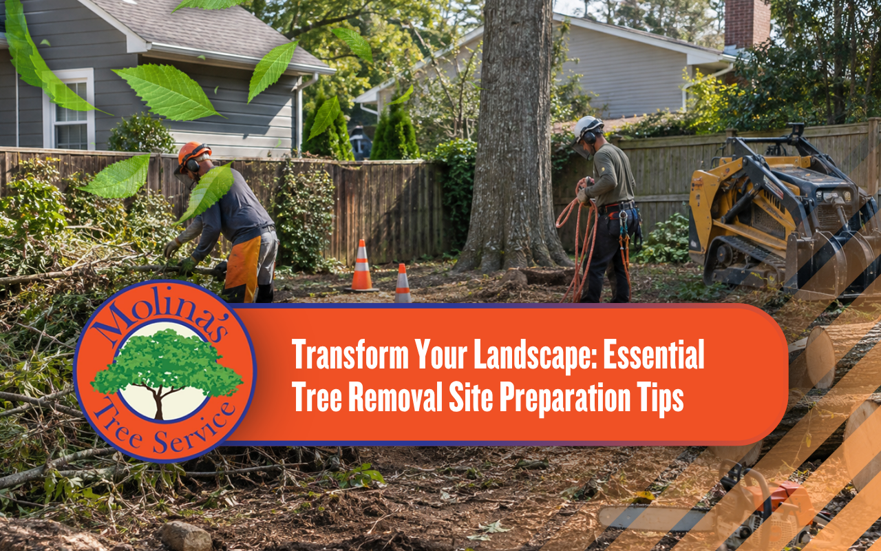 Tree removal site preparation in a cleared residential yard